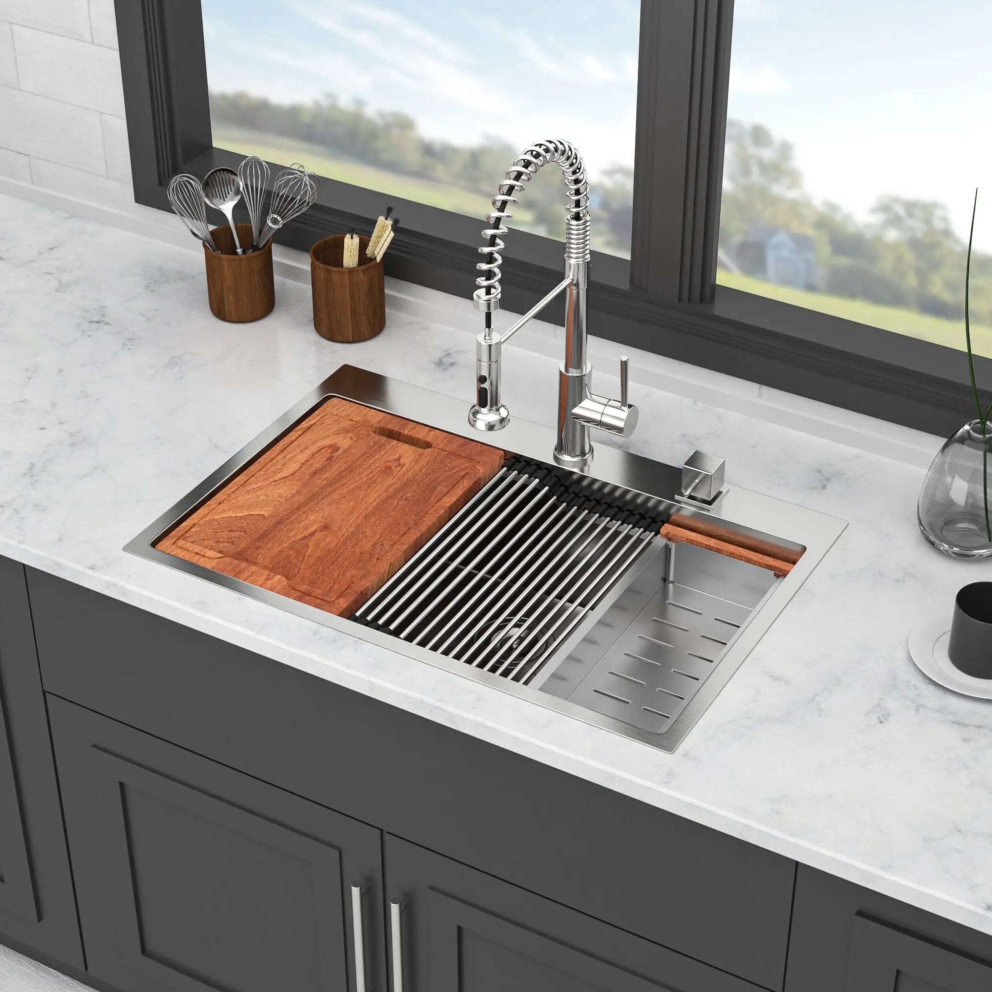 33 x 22 inches Brushed Nickel 33' Drop in Kitchen Sink with Ledge Workstation, Single Bowl, 16 Gauge Stainless Steel by HouseOfZazla