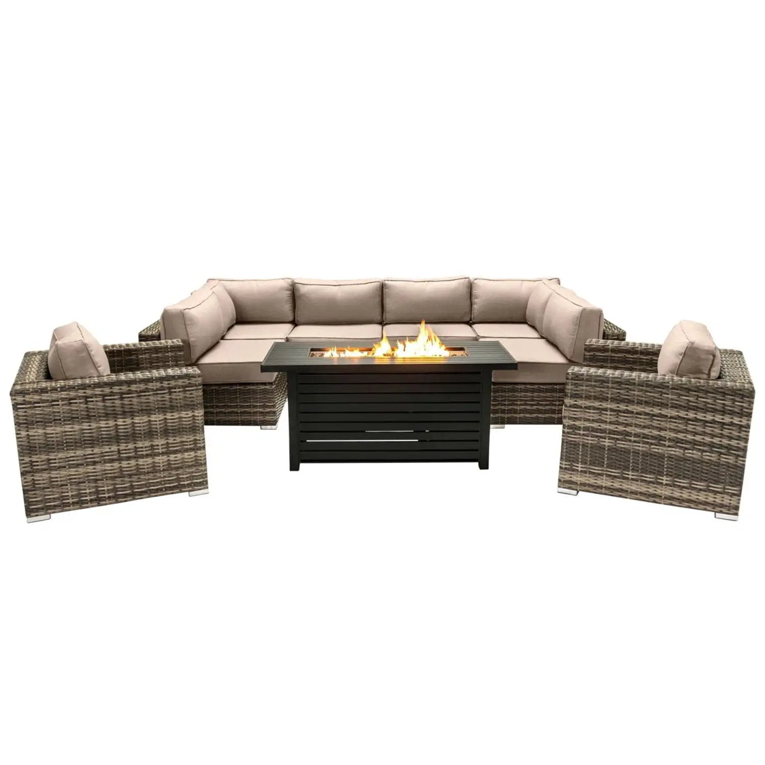 9 Piece Outdoor Sectional Set With Fire Pit Table And Cushions - Beige by Unique Piece Furniture