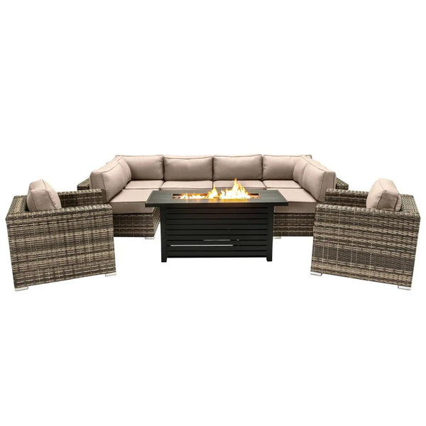 9 Piece Outdoor Sectional Set With Fire Pit Table And Cushions - Beige