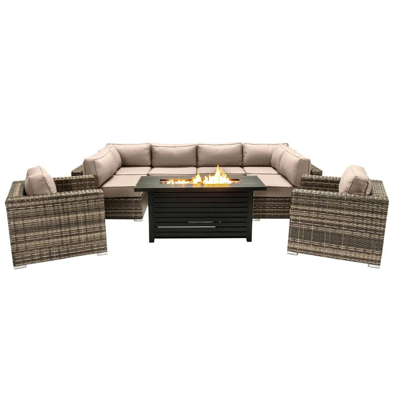 9 Piece Outdoor Sectional Set With Fire Pit Table And Cushions - Beige by Unique Piece Furniture