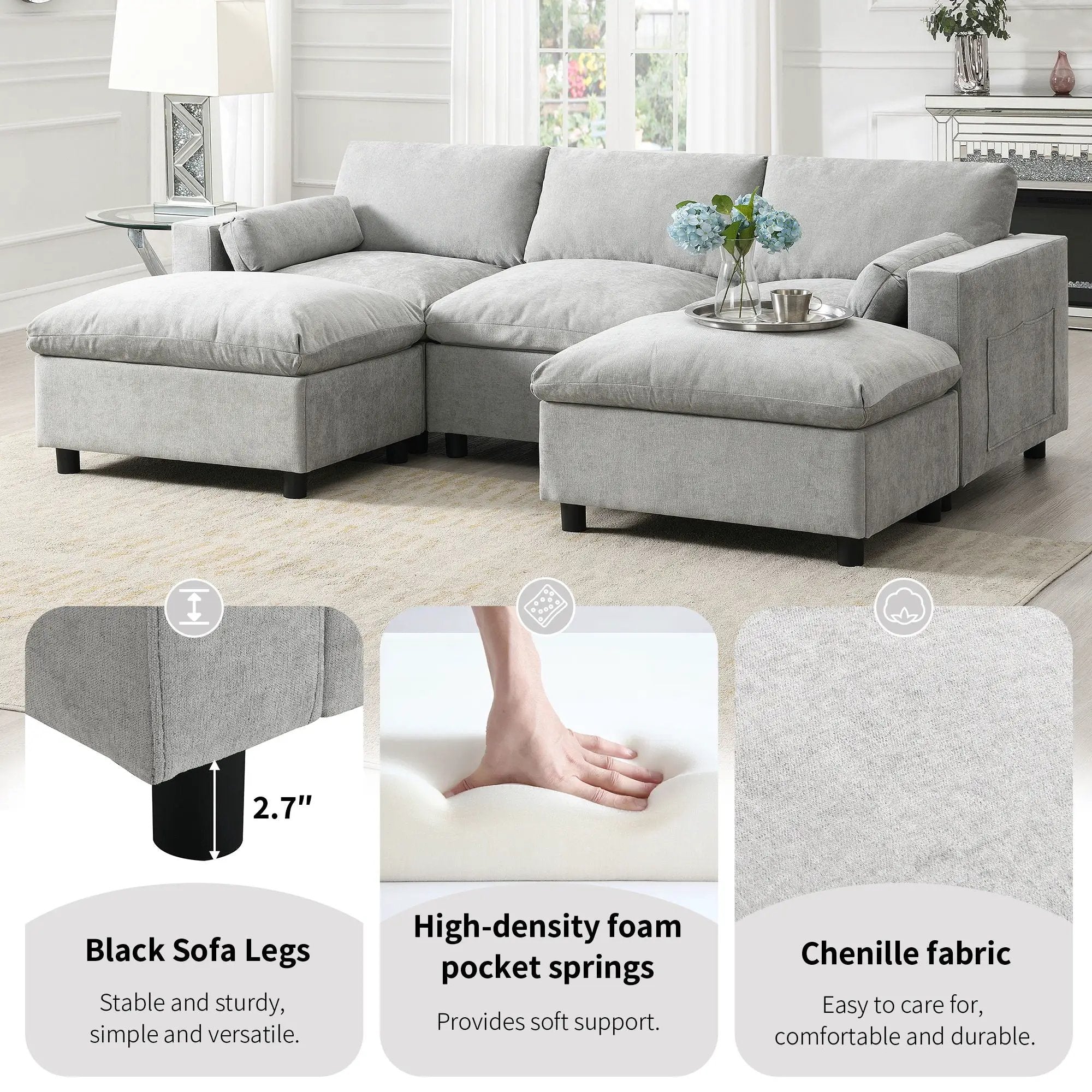 Modular Sectional With Storage Pockets, 5 Seat U Shaped Couch Set With Pillows, Free Combination Modern Cloud Sofa With 2 Movable Ottoman by HouseOfZazla