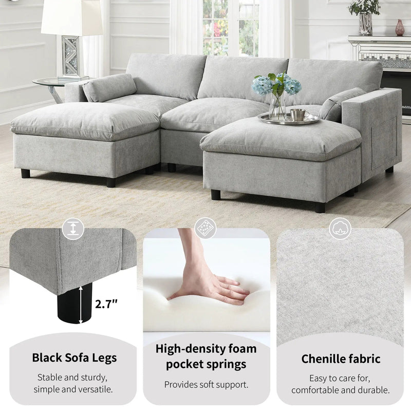 Modular Sectional With Storage Pockets, 5 Seat U Shaped Couch Set With Pillows, Free Combination Modern Cloud Sofa With 2 Movable Ottoman by HouseOfZazla