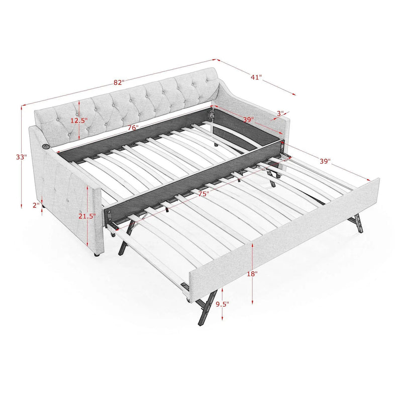 Size Upholstered Daybed With Trundle And USB Charging Armrest by Unique Piece Furniture