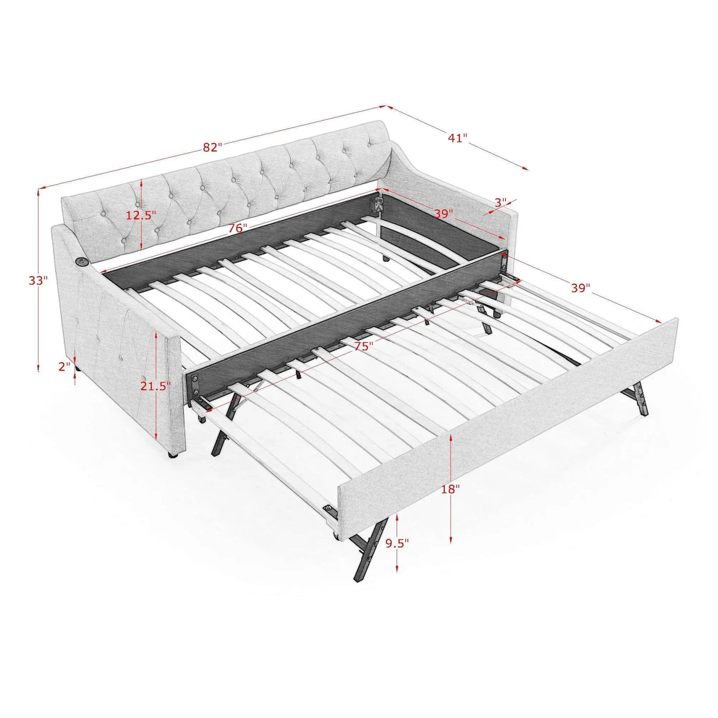 Size Upholstered Daybed With Trundle And USB Charging Armrest by Unique Piece Furniture
