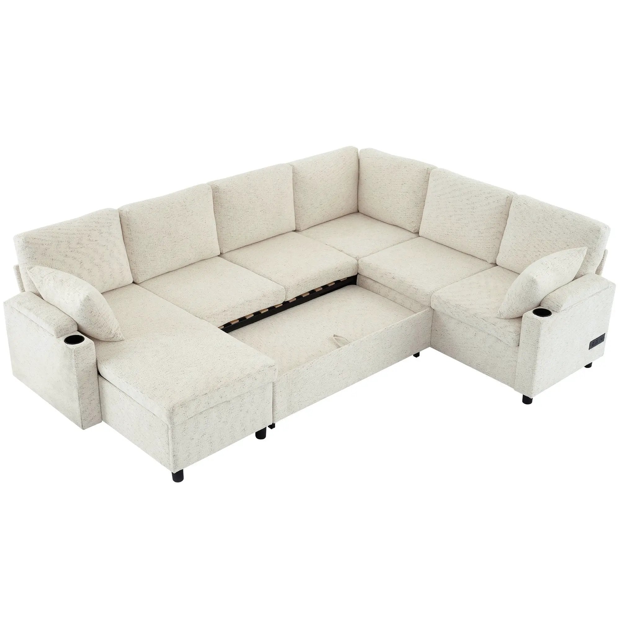 U-Shaped Sectional Sleeper Sofa With Ample Storage Space, 2 Cup Holders And Charging Ports For Living Room by HouseOfZazla