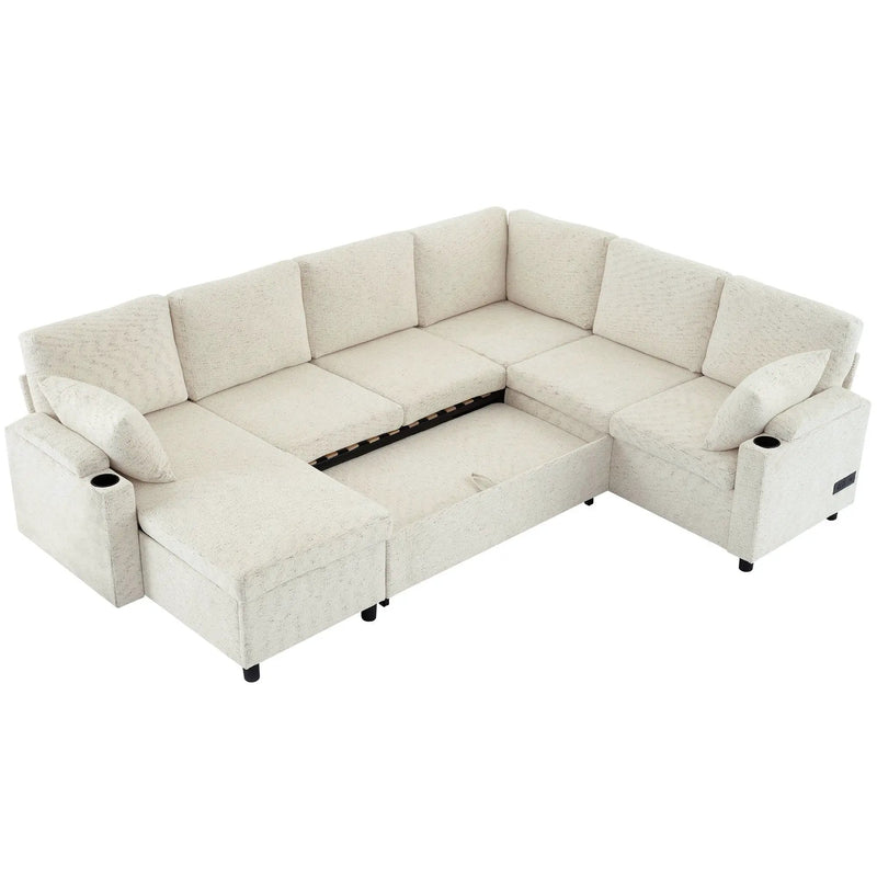 U-Shaped Sectional Sleeper Sofa With Ample Storage Space, 2 Cup Holders And Charging Ports For Living Room by HouseOfZazla