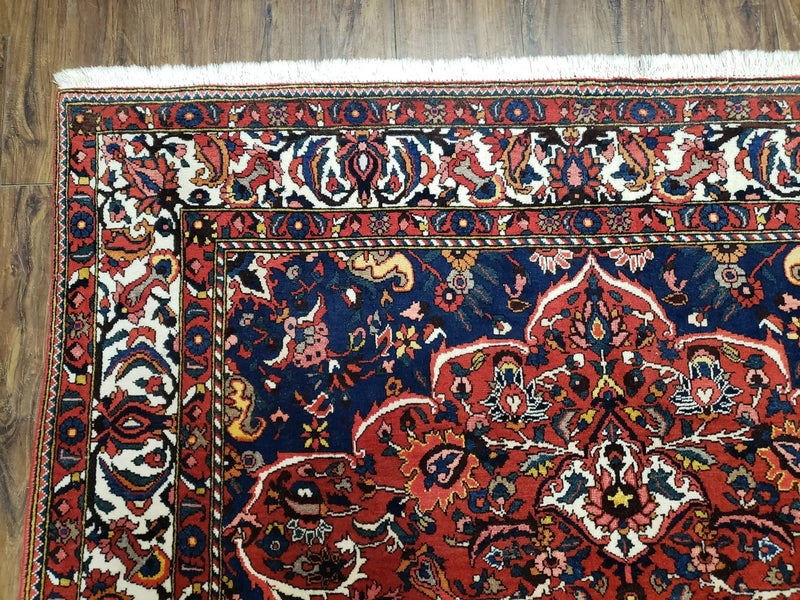 Semi Antique Persian Bakhtiari Rug, Hand-Knotted, Wool, Red, Midnight Blue, Ivory, Floral Medallion, 5'1" x 8' 6" by Jewel Rugs