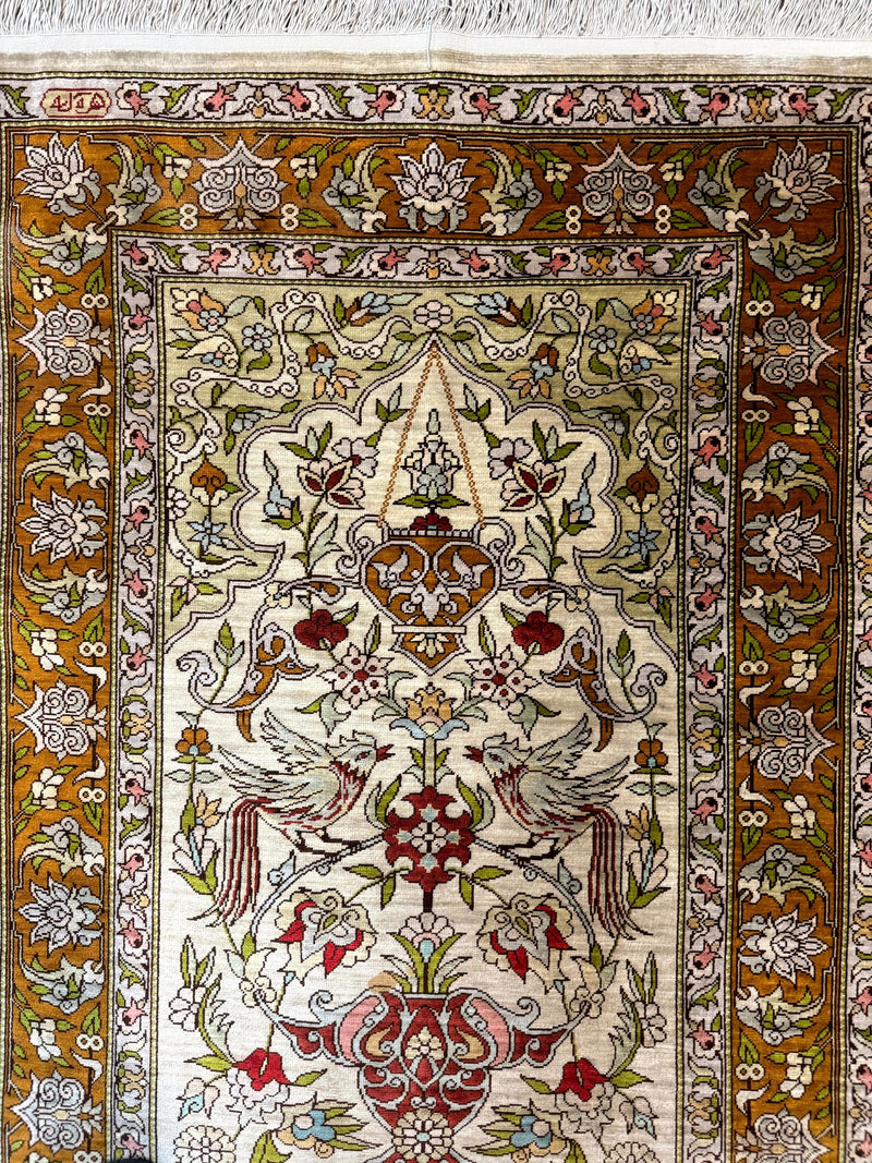 Silk Turkish Hereke Rug 2x3, Birds Lantern Very Fine 400 KPSI, Signed by Masterweaver, Wonderful, Rare, Small Hereke Rug by Jewel Rugs