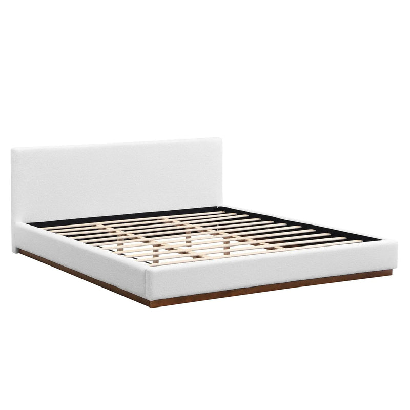 Elegant Boucle Upholstered Bed With Wood Grain Textured Solid Wood Base Frame by HouseOfZazla