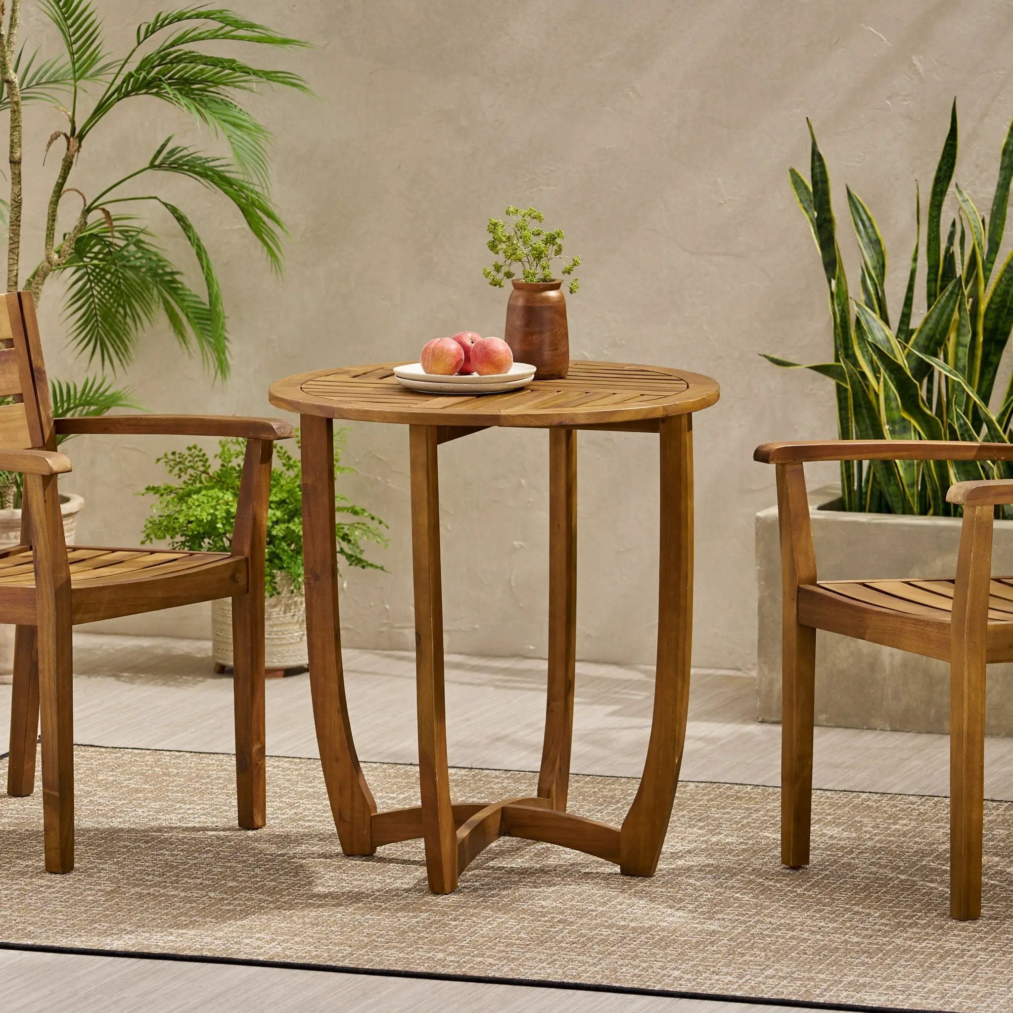 Outdoor Circular Wood Bistro Table With Curved Legs And Slat Panel Table Top - Teak by HouseOfZazla