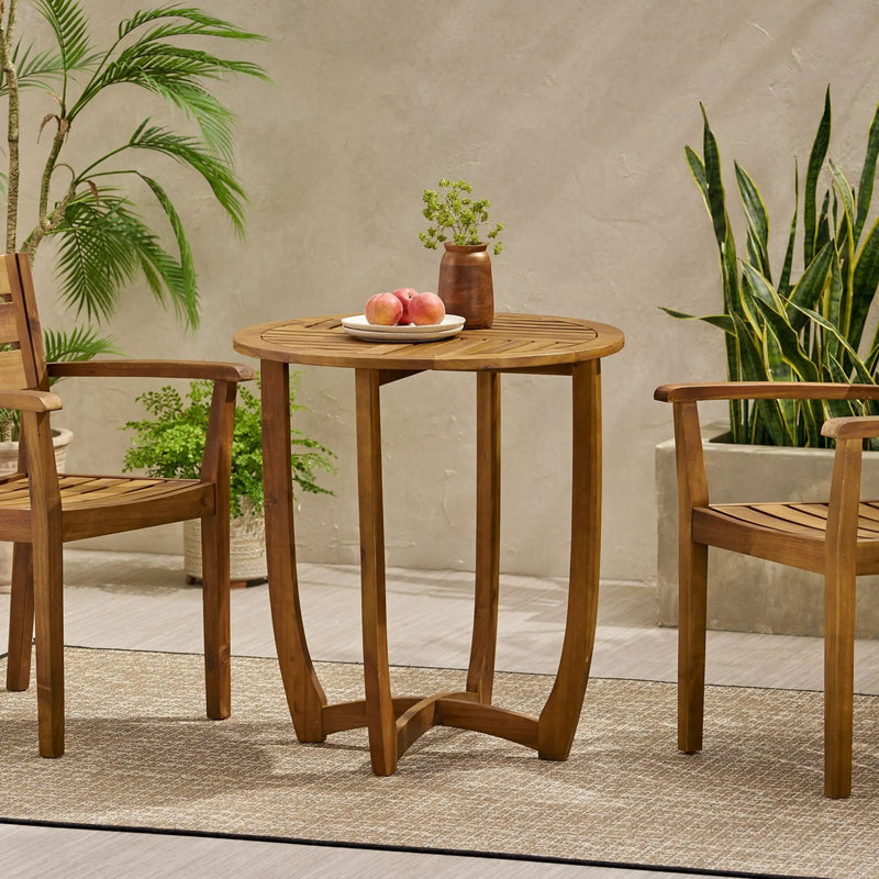 Outdoor Circular Wood Bistro Table With Curved Legs And Slat Panel Table Top - Teak by HouseOfZazla