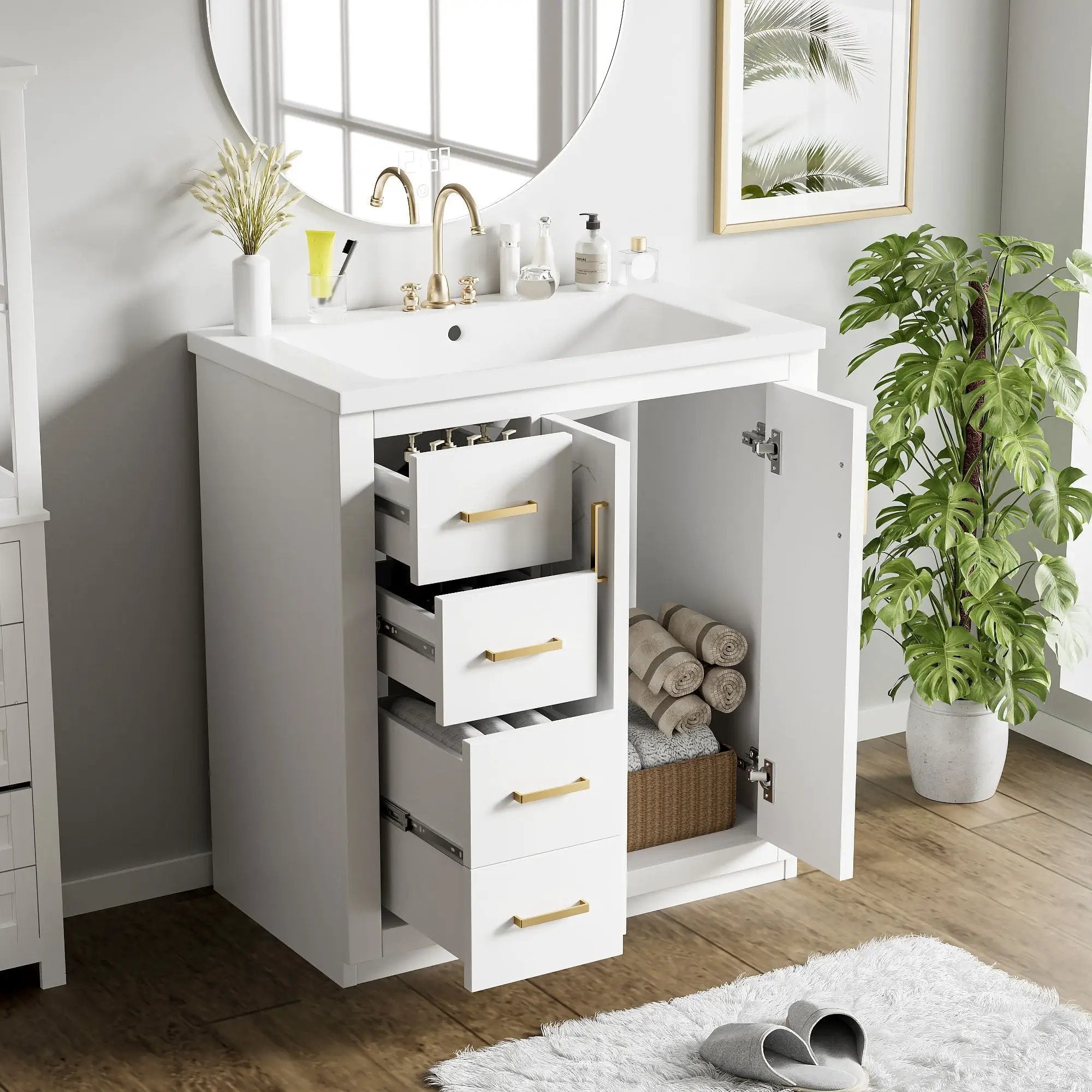 Ceramic Sink Combo, Freestanding Vanity Set With 3 Drawers & Soft Closing Doors by Unique Piece Furniture