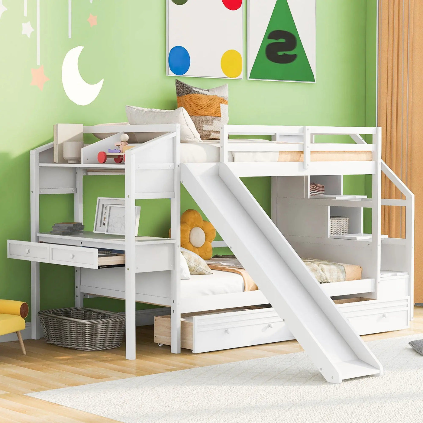 Bunk Bed With Storage Staircase, Slide, Desk, Drawers, And Shelves by HouseOfZazla