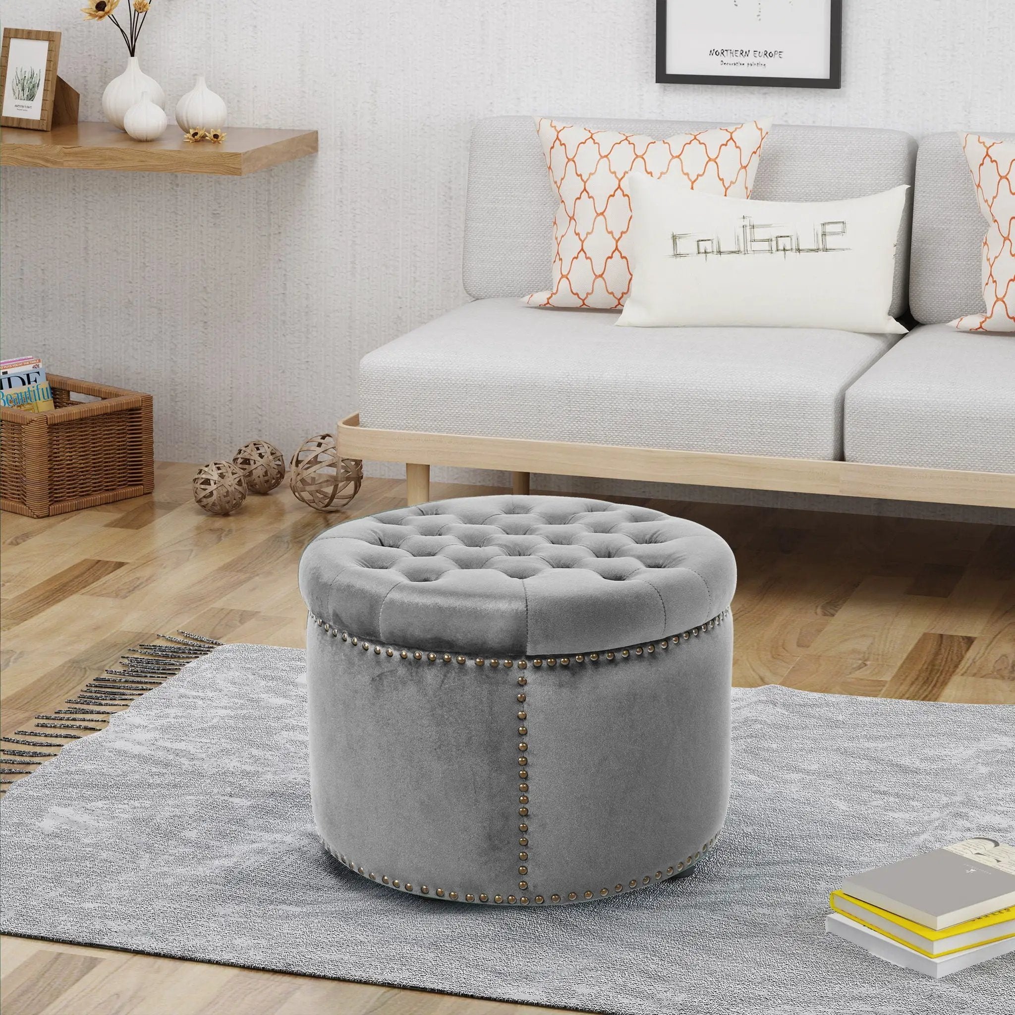Elegant Round Ottoman Footstool With Studded Rim by HouseOfZazla
