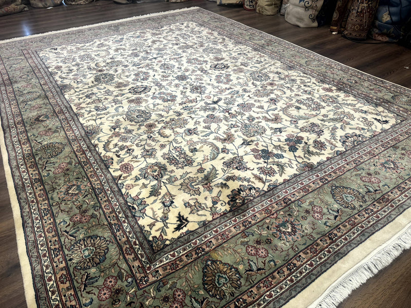 Indo Persian Rug 9x12, Allover Floral Pattern, Ivory & Green, Traditional Oriental Carpet by Jewel Rugs