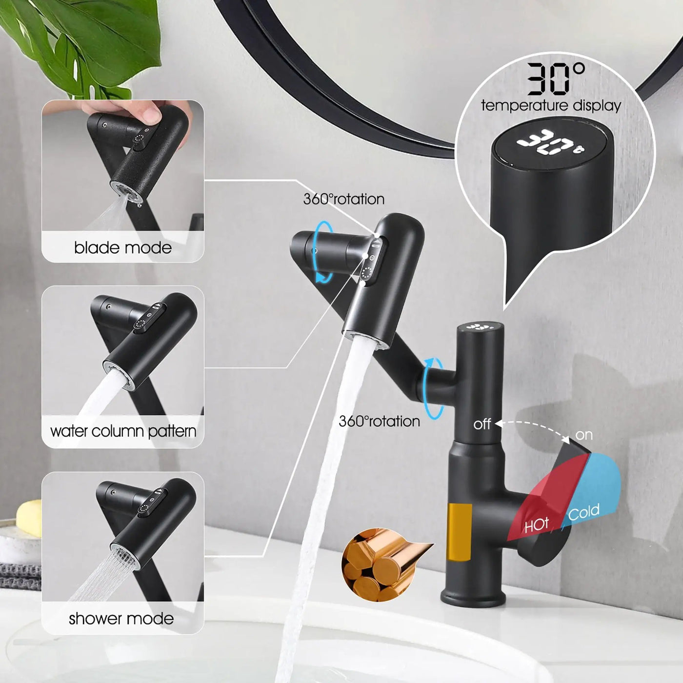 Bathroom Sink Faucet With Spray Function And Temperature Display, Anti Skid Switch, 360 Degree Rotary by HouseOfZazla