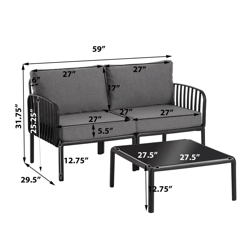 3 Piece Patio Conversation Sets, Modern Outdoor Patio Sectional Furniture Set with Square Coffee Table by HouseOfZazla
