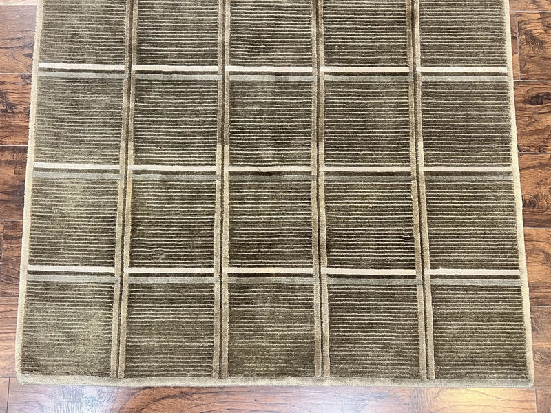 Tibetan Rug 4x6, Green Wool Handmade Area Rug 4 x 6, Panel Design, Modern Contemporary by Jewel Rugs