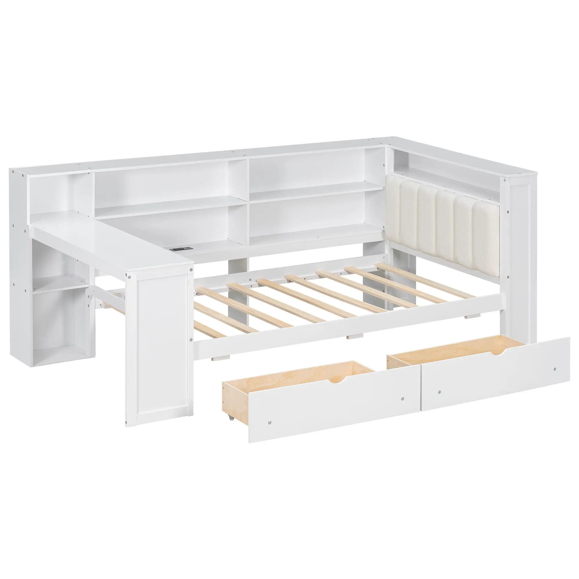 Platform Bed With Upholstered Headboard, Storage Shelves, Drawers, Charging Station, LED Lighting, Built In Desk by HouseOfZazla