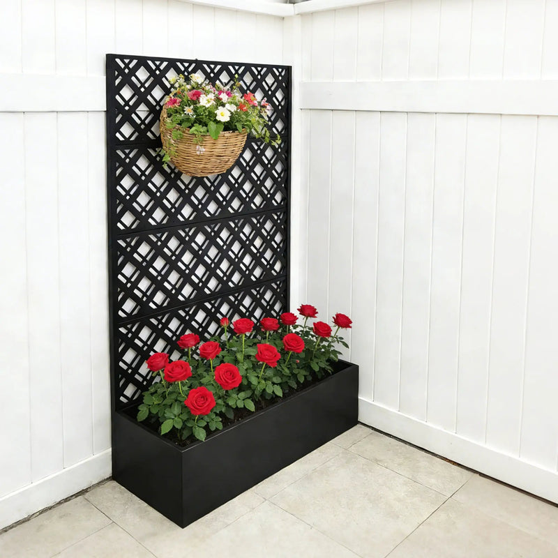 Rhombus Black Metal Planter Raised Garden Bed with Trellis by HouseOfZazla