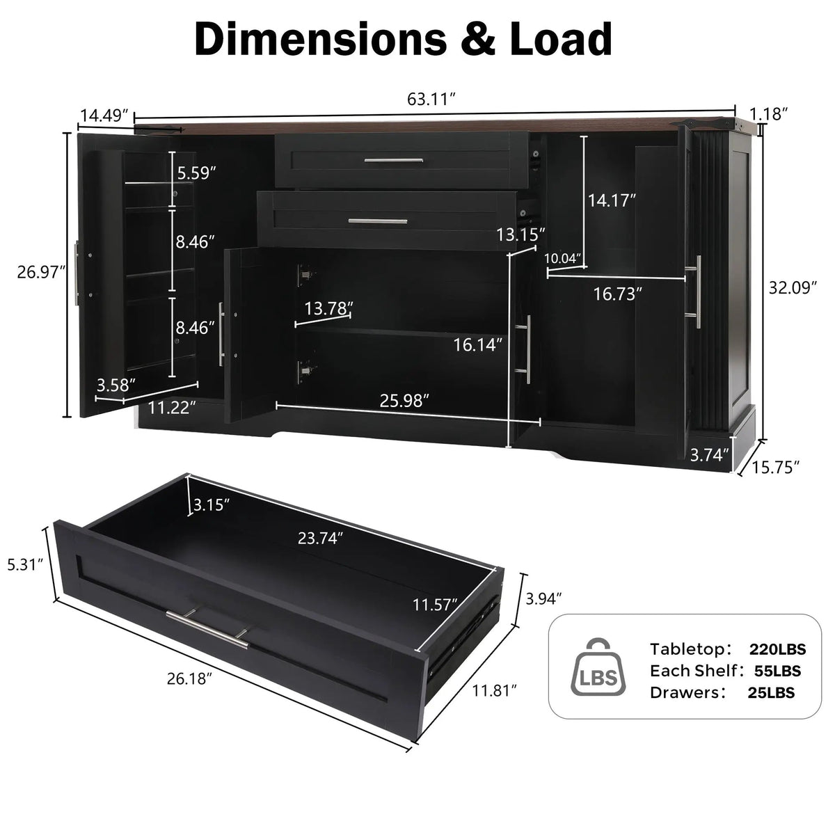 63" Farmhouse Barn Door Storage Cabinet with 2 Drawers, photo 7 of 10
