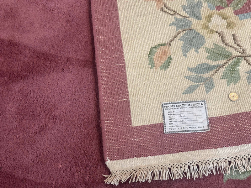 Indo Chinese Art Deco Rug 9x12, Pink and Ivory, Open Filed, Floral, Wool by Jewel Rugs