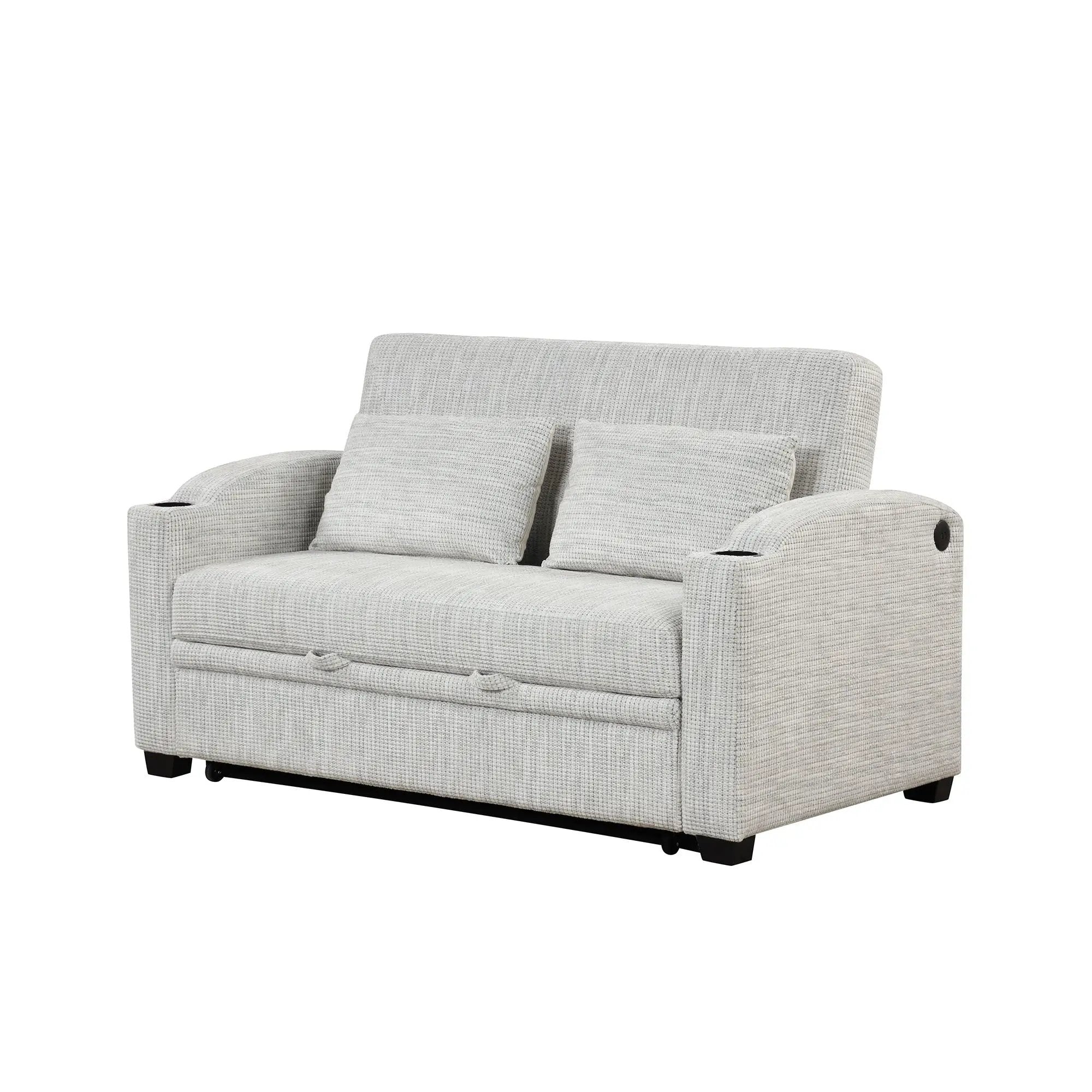 Pull Out Loveseat Sofa With Adjsutable Backrest, 2 Pillows, Cup Holders, USB Ports For Living Room by Unique Piece Furniture