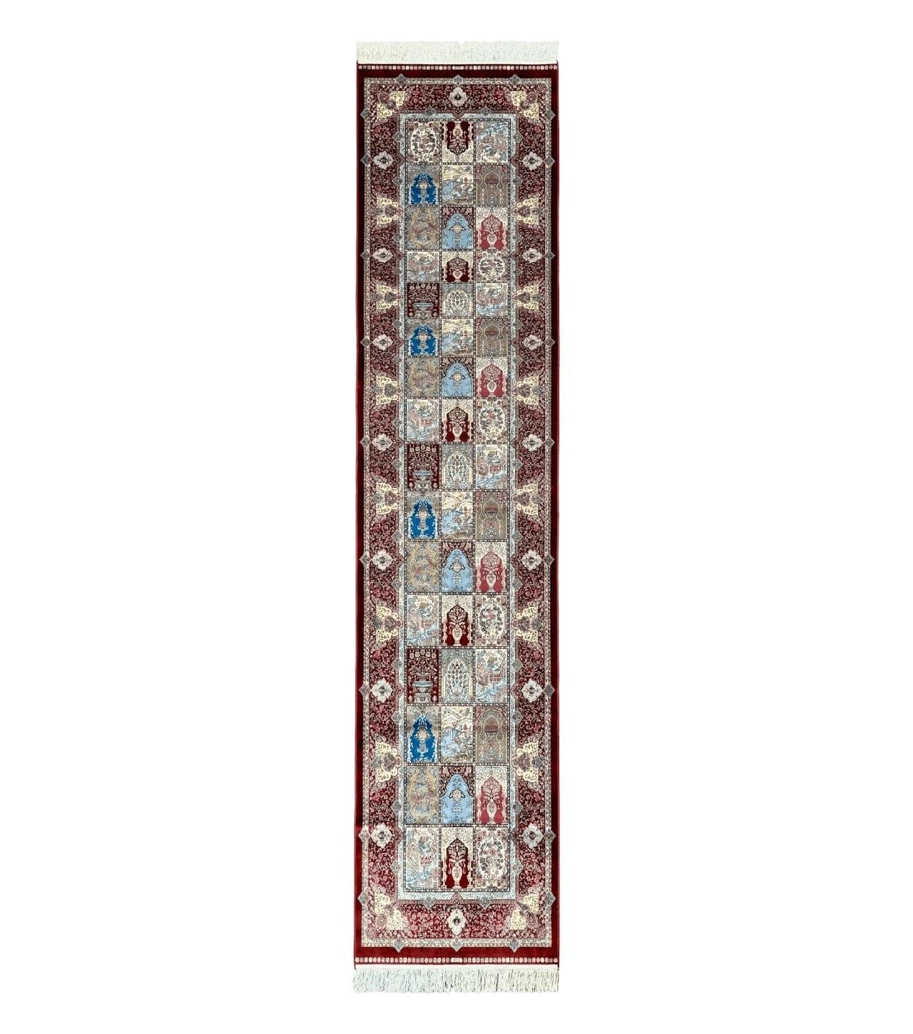Turkish Silk Runner Rug 2.6 x 11.6, Panel Design, Dark Red Ivory, Bamboo Silk, New by Jewel Rugs
