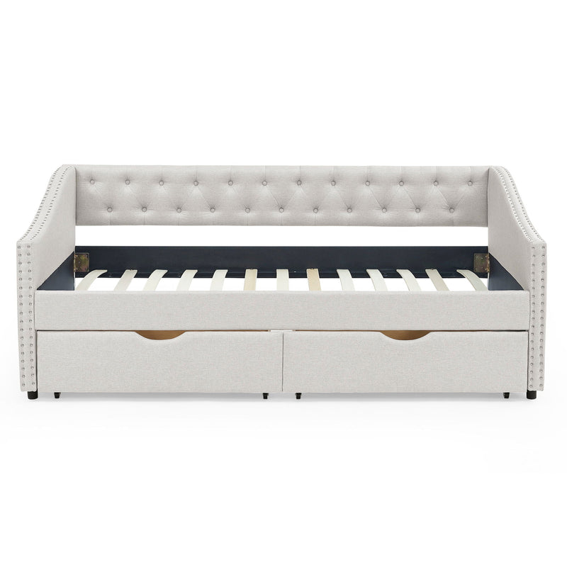 Upholstered Tufted Daybed With 2 Drawers, Waved Arms