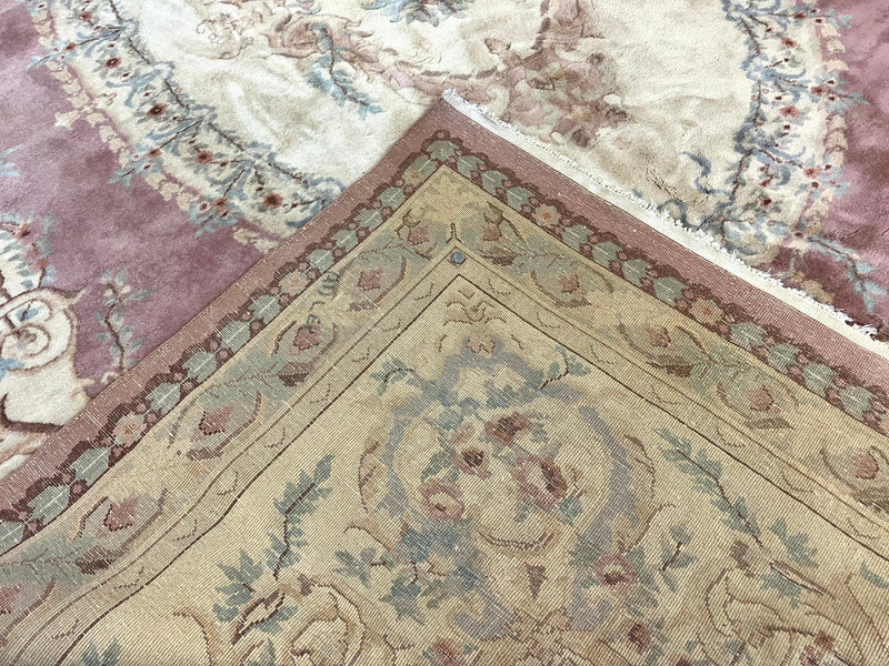 Indo Chinese Aubusson Wool Rug 10x14, Pink and Cream, Handmade Vintage Wool Carpet, Elegant European Design by Jewel Rugs