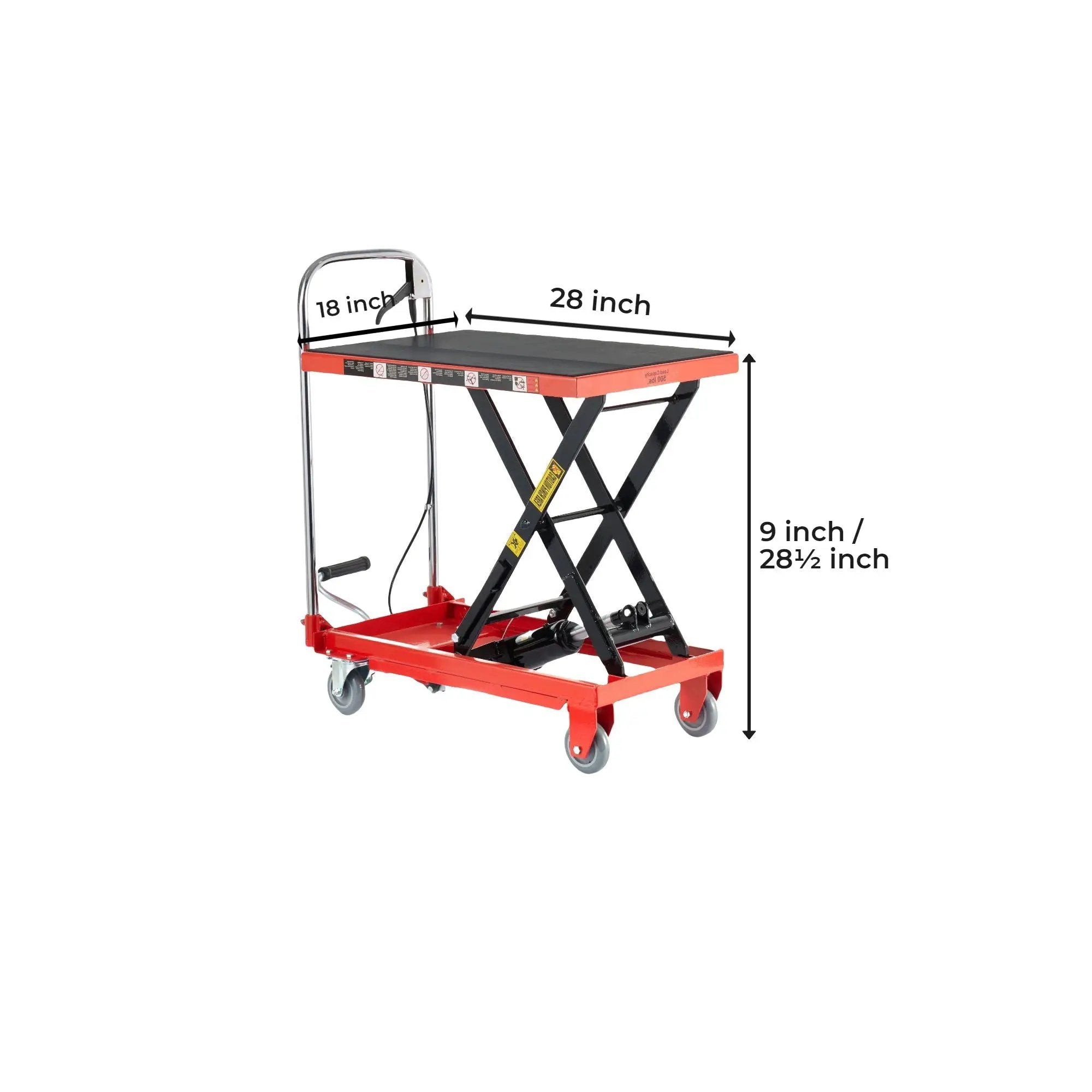 Hydraulic Lift Table Cart 500Lbs Load Red Single Scissor Lift With Non Slip Pads And Wheels - Red / Black by HouseOfZazla