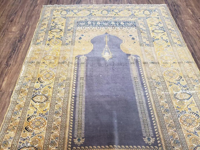 Rare Turkish Ghiordes Prayer Rug 4 x 5.8 ft, Late 19th Century Turkish Oriental Carpet, Mehrab Antique Prayer Rug, Museum Quality, Blue, Tan by Jewel Rugs
