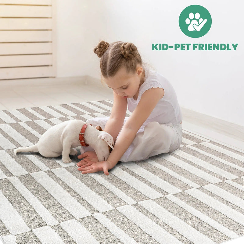 Step Collection High-Low Striped Beige/Cream Indoor Area Rug by HouseOfZazla