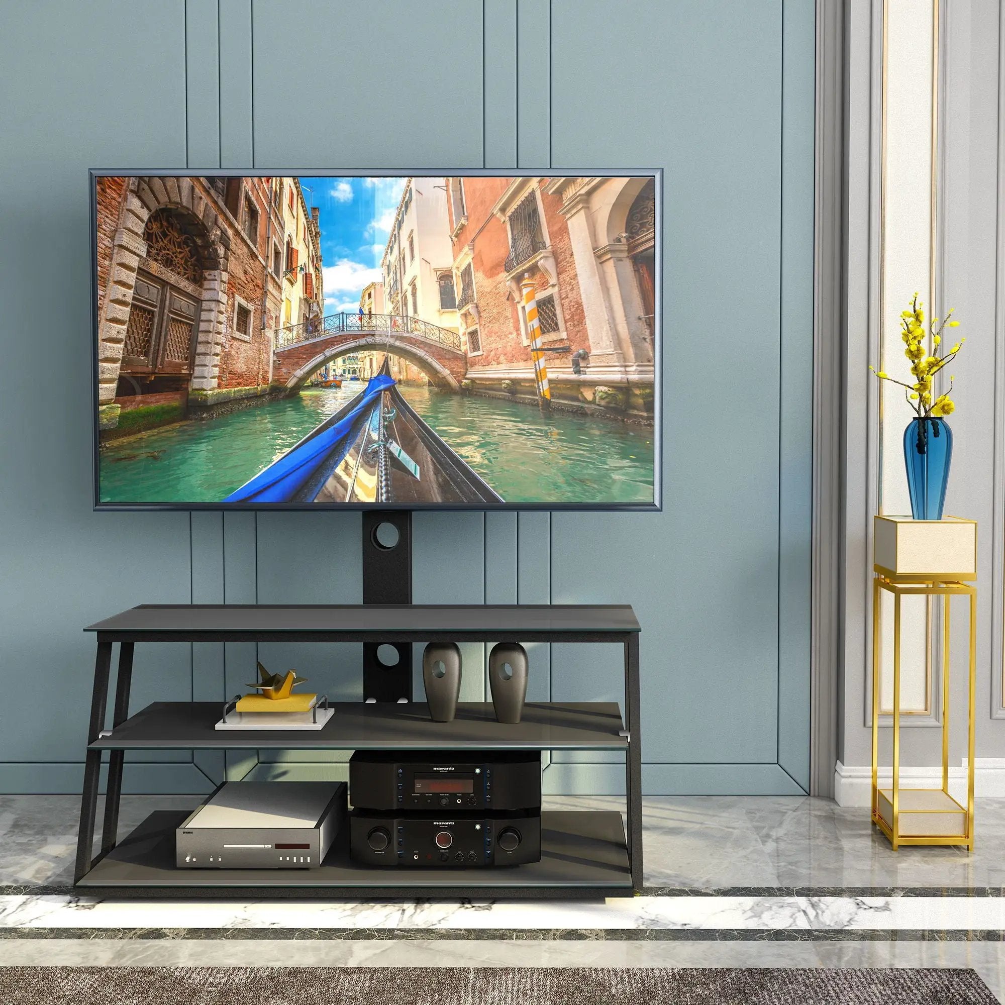 Multi-Function Angle And Height Adjustable Tempered Glass TV Stand - Black by Unique Piece Furniture