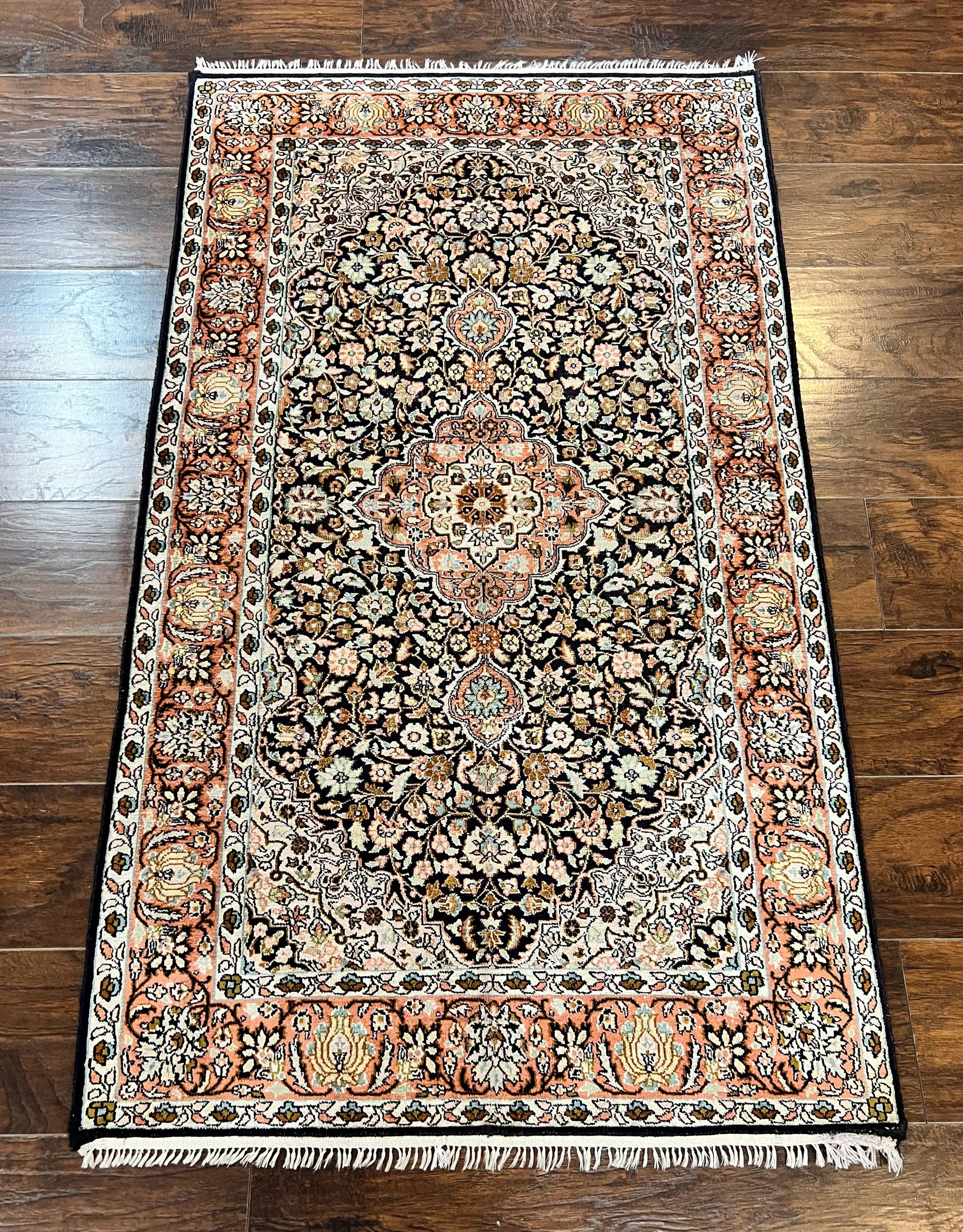 Silk Indian Kashmiri Rug 3x5, Indo Persian Silk on Silk Carpet, Very Fine 350 KPSI, Navy Blue, Handmade, Floral Medallion by Jewel Rugs