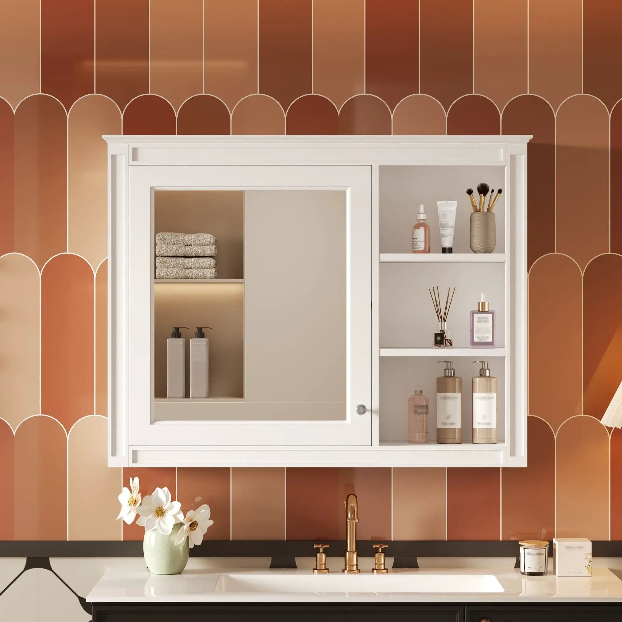 Wall Mounted Medicine Cabinet With Mirror, Adjustable Shelf - White by Unique Piece Furniture
