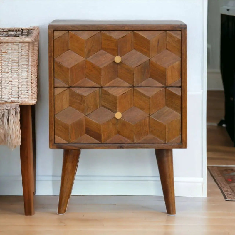 Cube Carved Bedside Table Nightstand - Chestnut by HouseOfZazla