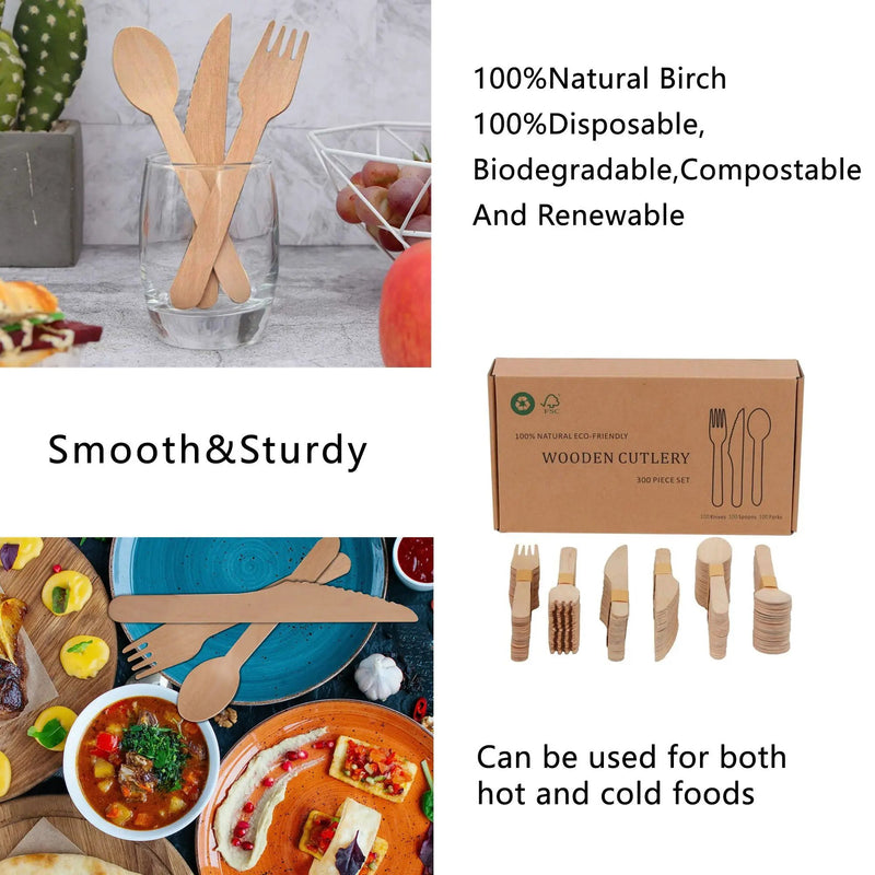 Wooden Compostable Utensils Set 300 Pieces 100 Forks 100 Spoons 100 Knives Sturdy Wood Disposable Cutlery Eco Friendly Biodegradable Utensils For Party Free From Plastic Cutlery Set For Eating - Natural Wood by HouseOfZazla