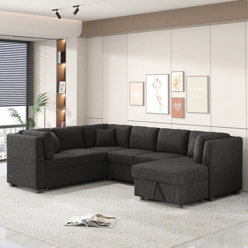 U-Shaped Sectional Sofa Pull Out Sofa Bed With Two USB Ports, Two Power Sockets, Three Back Pillows And A Storage Chaise For Living Room by HouseOfZazla