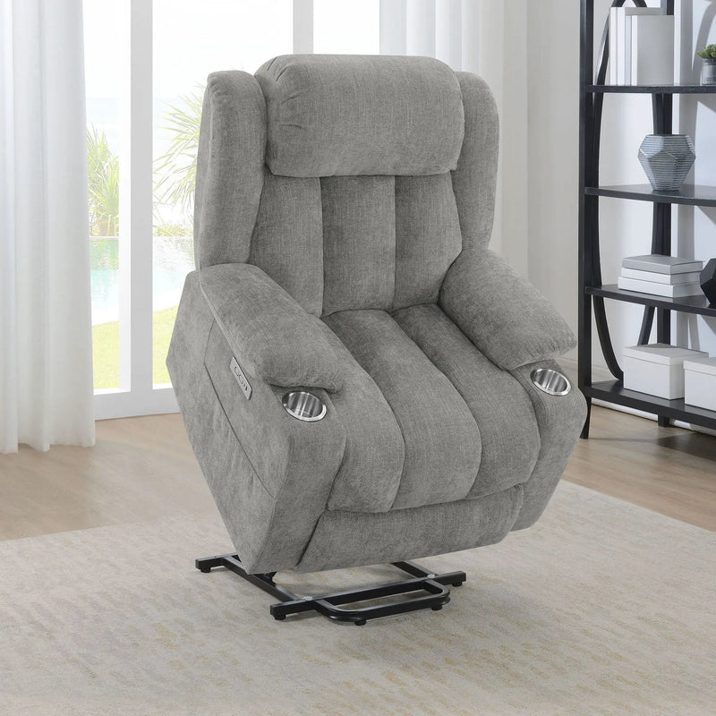 Beca - Upholstered Power Lift Recliner With Cupholders And USB Charging by HouseOfZazla