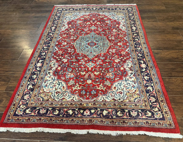 Persian Sarouk Rug 4x7, Red Navy Blue Vintage Wool Medallion Carpet, photo 2 of 13