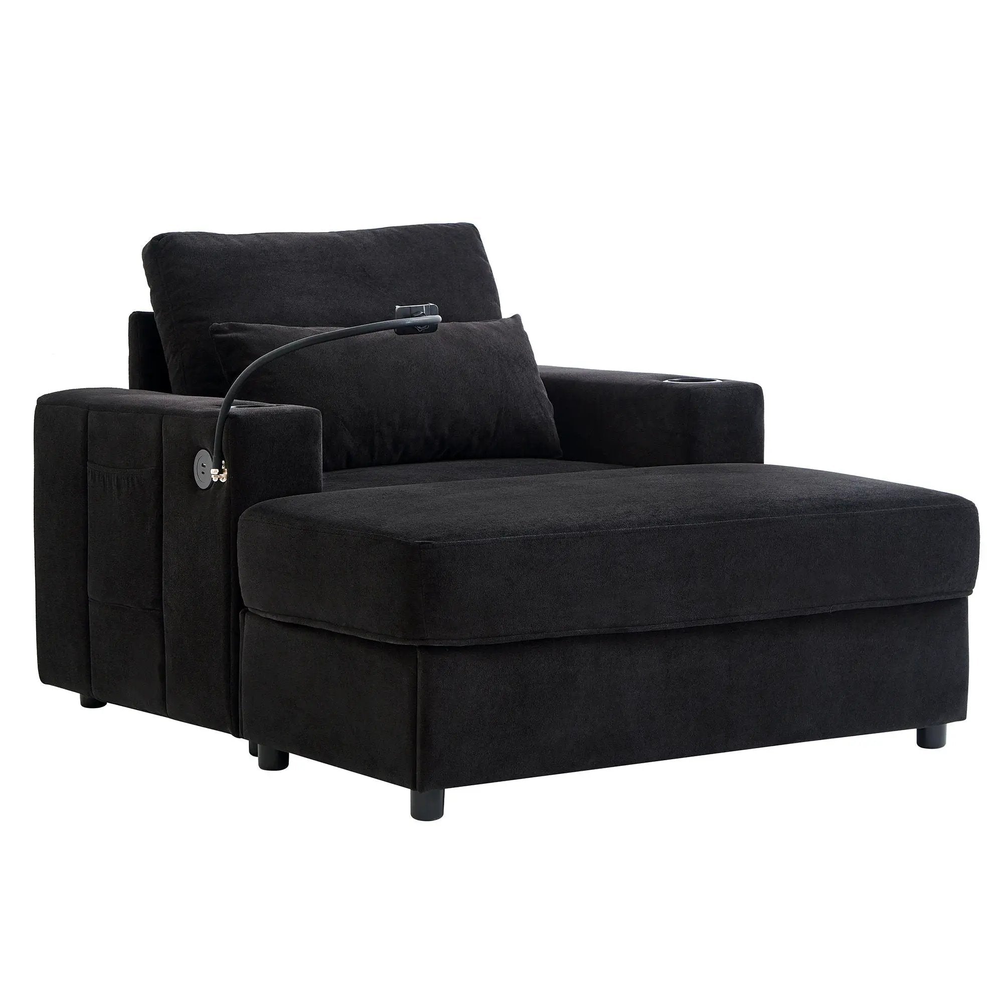 Modern Style Armchair Chaise Lounge Sofa Couch With Movable Storage Ottoman, USB Ports, Cup Holders, Phone Holder, Side Pockets by HouseOfZazla