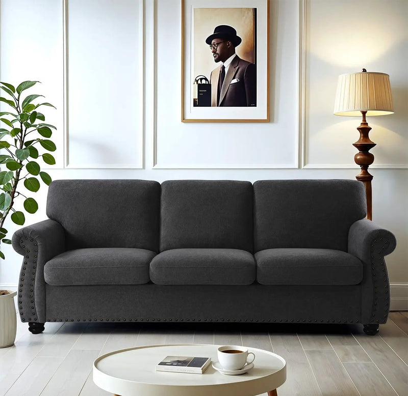 Soft Sofa, Upholstered 3 Seater Couch With High Density Foam, Loose Back Cushions And Turned Legs by HouseOfZazla