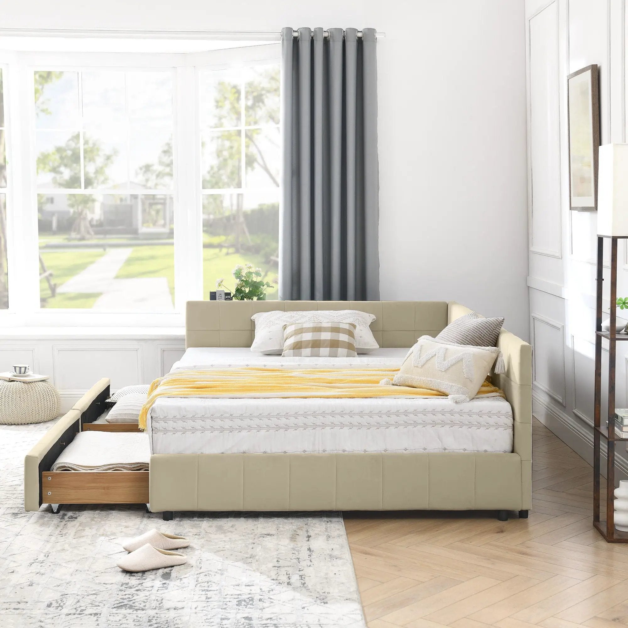 Mid-Century Storage Upholstered Tufted Bed Frame With Backrest And Armrests by Unique Piece Furniture
