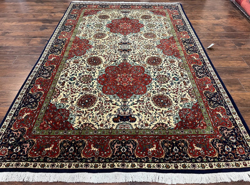 Wonderful Sino Persian Rug 6x10 with Animal Pictorial Motifs, Cream Dark Red Navy Blue, Birds Gazelles, Two Medallions, Top Quality Handmade by Jewel Rugs