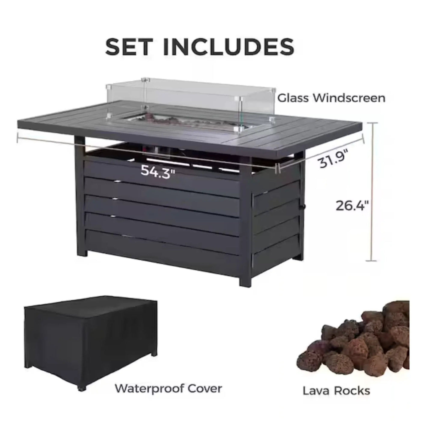 Rectangular Propane Fire Pit Table With Burner, Lava Rock, Waterproof Cover by HouseOfZazla