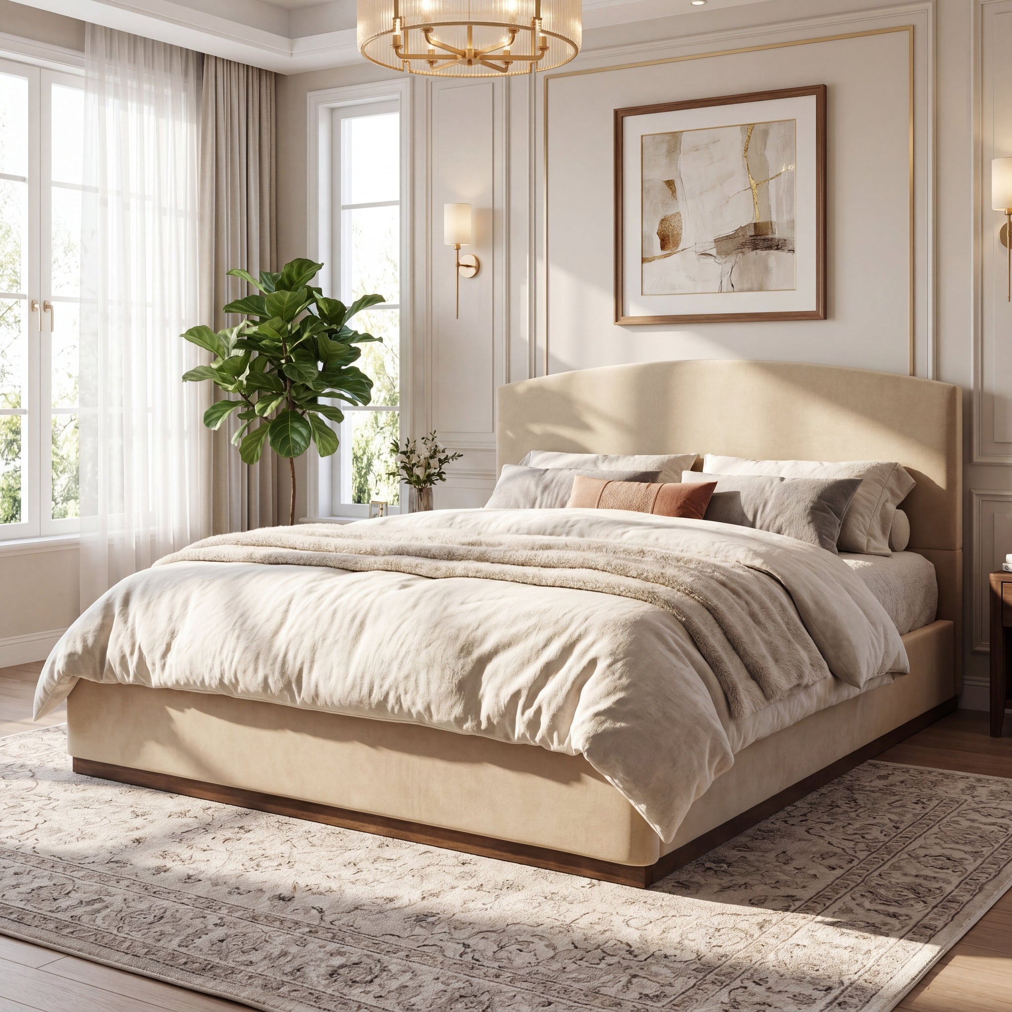 King Size Upholstered Bed Frame With Velvet Fabric Thick Headboard, Solid Wood Base, Camel by HouseOfZazla
