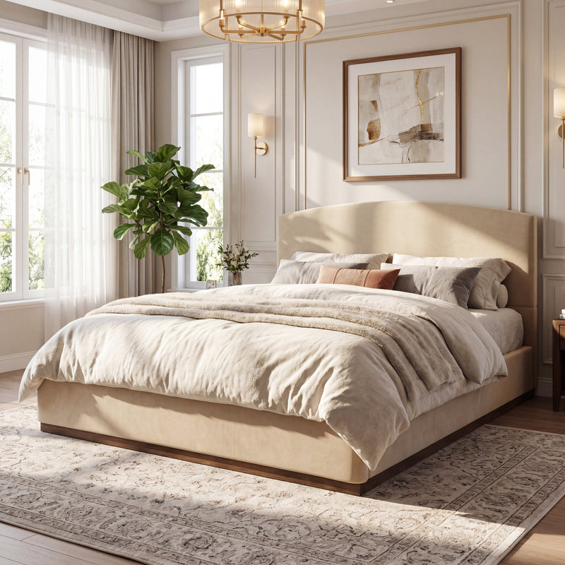 King Size Upholstered Bed Frame With Velvet Fabric Thick Headboard, Solid Wood Base, Camel by HouseOfZazla