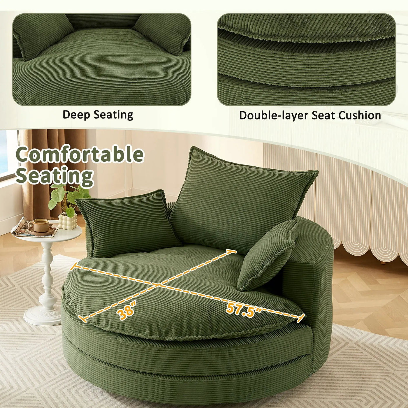 360° Swivel Accent Barrel Chair With Dual Layer Cushion And 3 Removable Pillows by Unique Piece Furniture