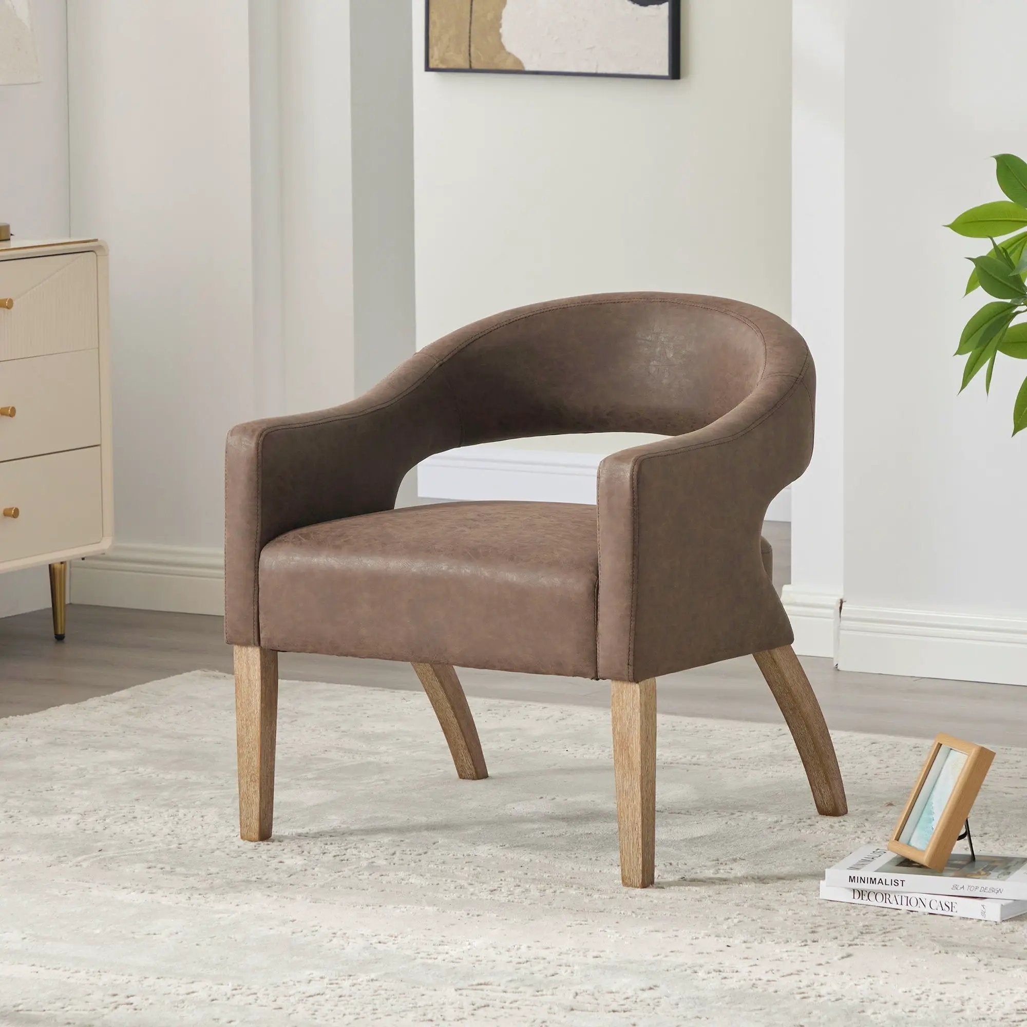 Upholstered Open Back Armchair With Weathered Rubberwood Legs by Unique Piece Furniture